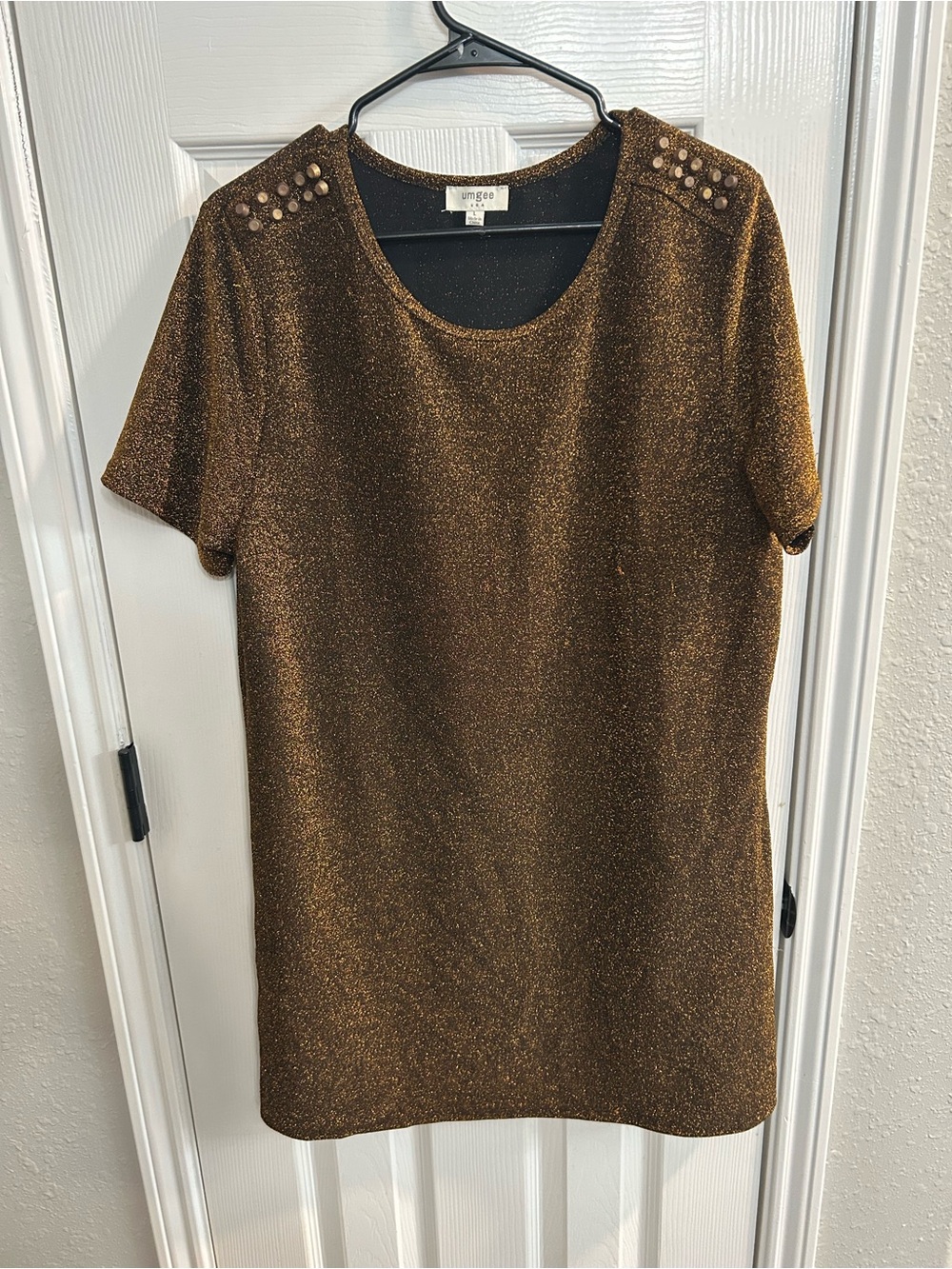 Umgee metallic bronze short-sleeve top size large sparkle studded dressy blouse